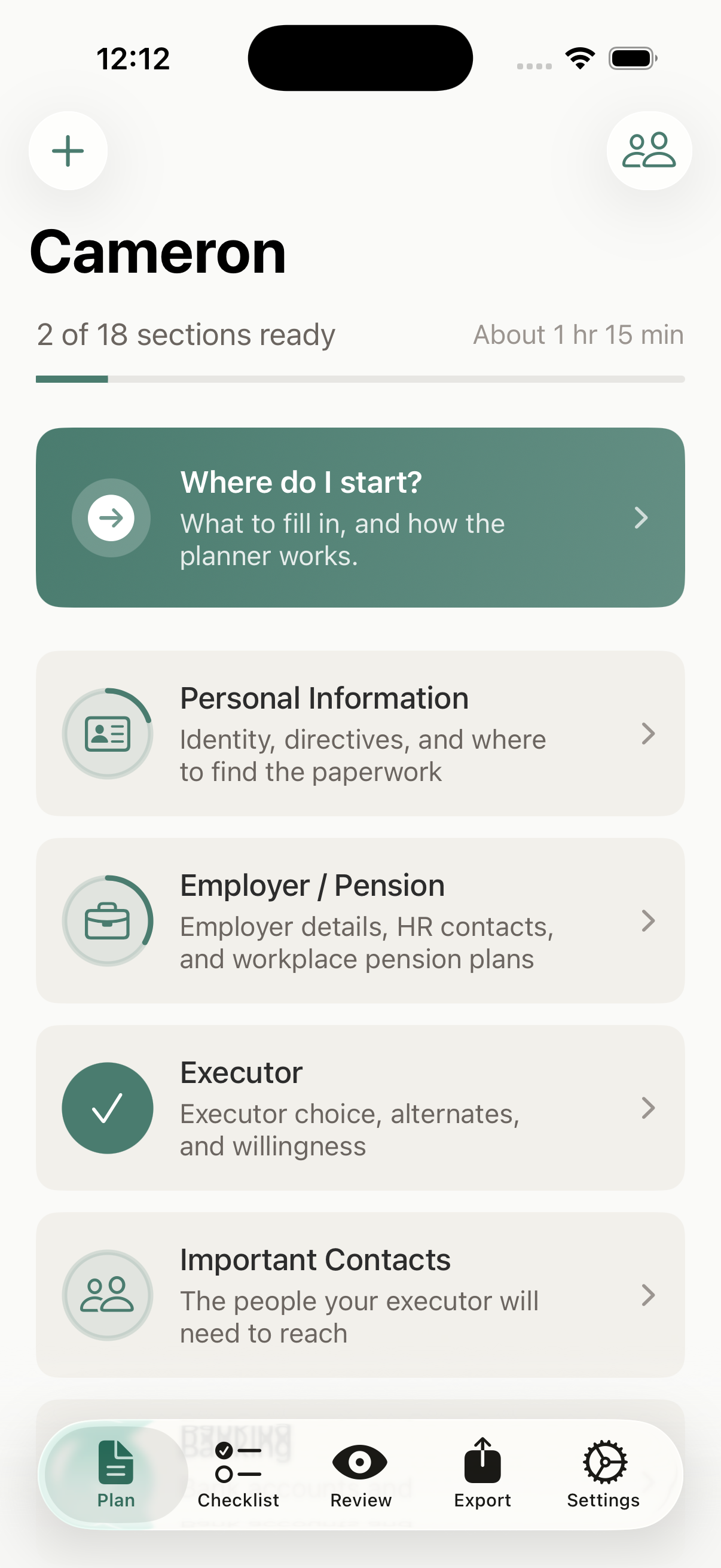 Closure app Plan tab showing Cameron's estate profile with progress indicator '2 of 18 sections ready', a 'Where do I start?' hero card, and sections for Personal Information, Employer/Pension, Executor, and Important Contacts